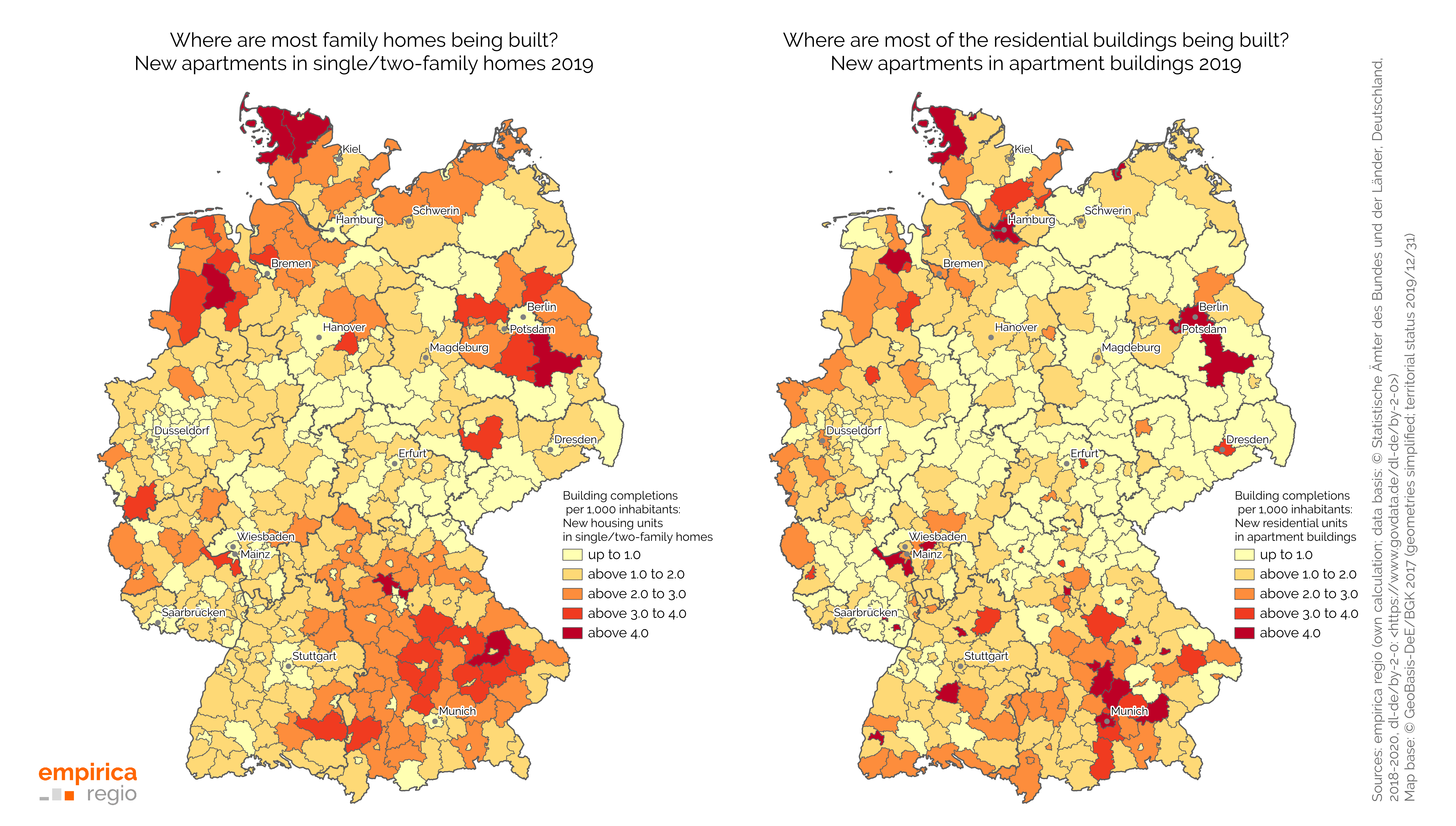Construction intensity for new apartments in single/two-family houses and apartment buildings in the districts in Germany