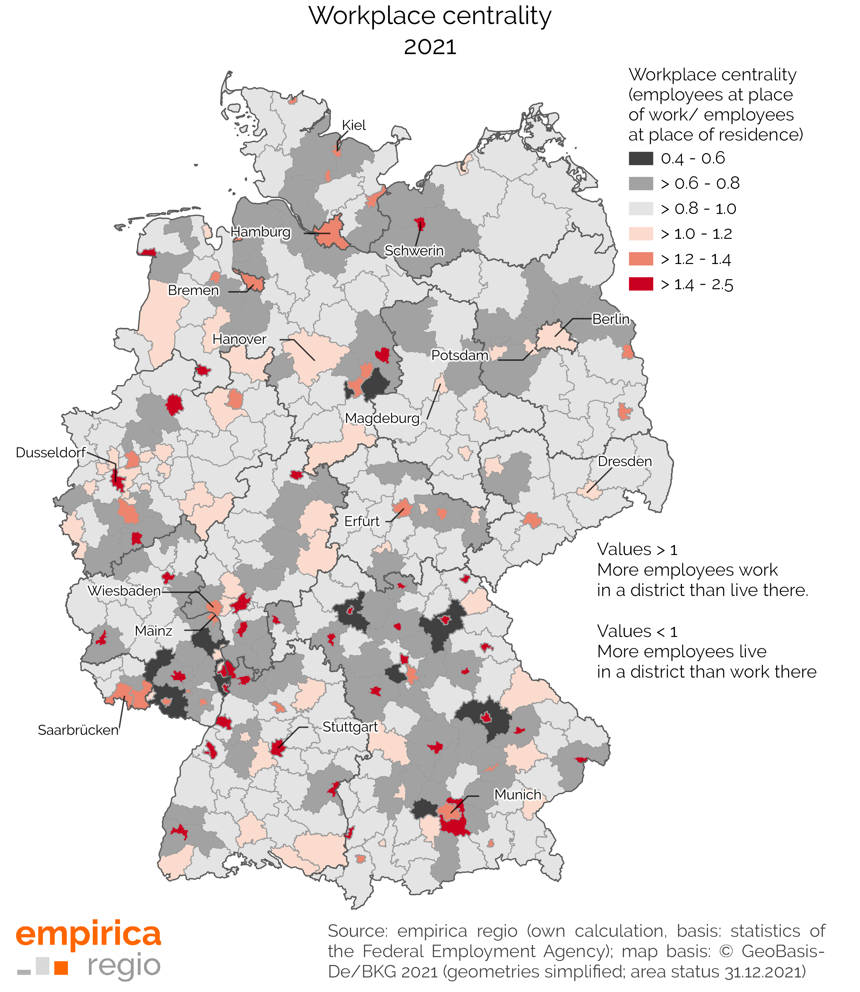 Workplace centrality in the districts in Germany 2021